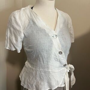 H&M White 100% LINEN Buttoned Wrap Blouse